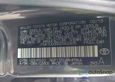 2013 Toyota Yaris Le z USA, uszkodzony, nr VIN JTDKTUD30DD562605